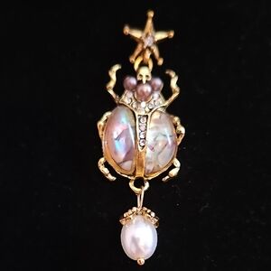 Gold Beetle Brooch with Pearl Accent